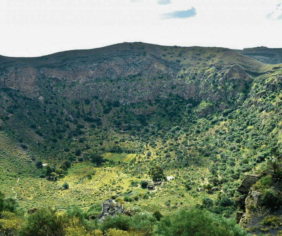 Caldera de Bandama volcanic crater from the rim, green slopes and vineyard terraces below, near Las Palmas, Gran Canaria.